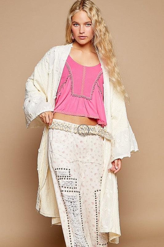 POL Flower Lace Trim Open Front Longline Cardigan Apparel Apparel POL Ship from USA TikTok Trendsi Trendsi https://www.cyberehub.com