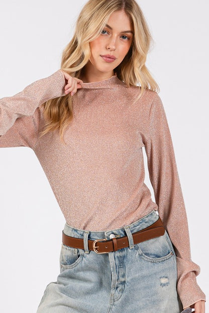 SAGE + FIG Glitter Mock Neck Lettuce Hem Long Sleeve Top Apparel Apparel SAGE+FIG Ship from USA TikTok Trendsi Trendsi https://www.cyberehub.com