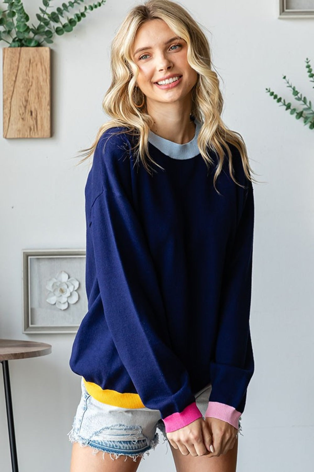 First Love Contrast Ribbed Round Neck Long Sleeve Sweater Shirt Apparel Clothing Tops First Love Ship from USA Shirts USA Women Trendsi https://www.cyberehub.com