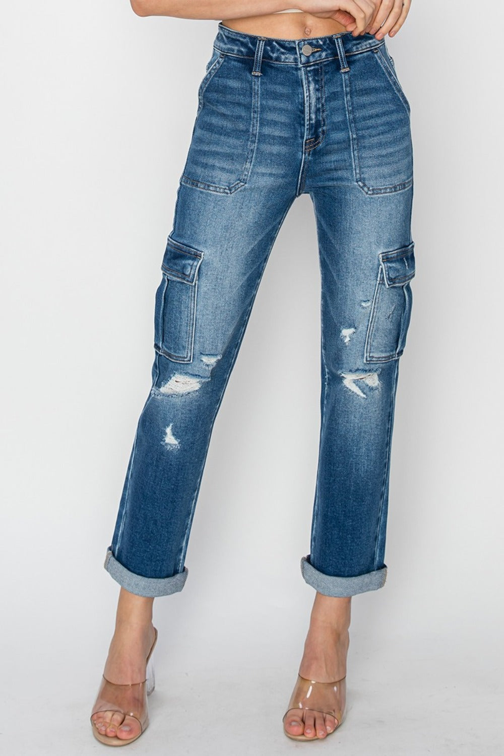 RISEN Full Size High Rise Cargo Ankle Roll Up Straight Jeans Dark Bottoms Bottoms Clothing RISEN Ship from USA Women Trendsi https://www.cyberehub.com