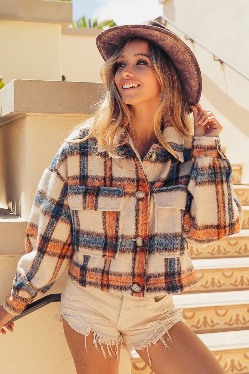 BiBi Brushed Plaid Crop Jacket with Pockets Tops/Jackets/Sweaters BiBi Clothing Tops Ship from USA TikTok Trendsi USPS Walmart Trendsi https://www.cyberehub.com
