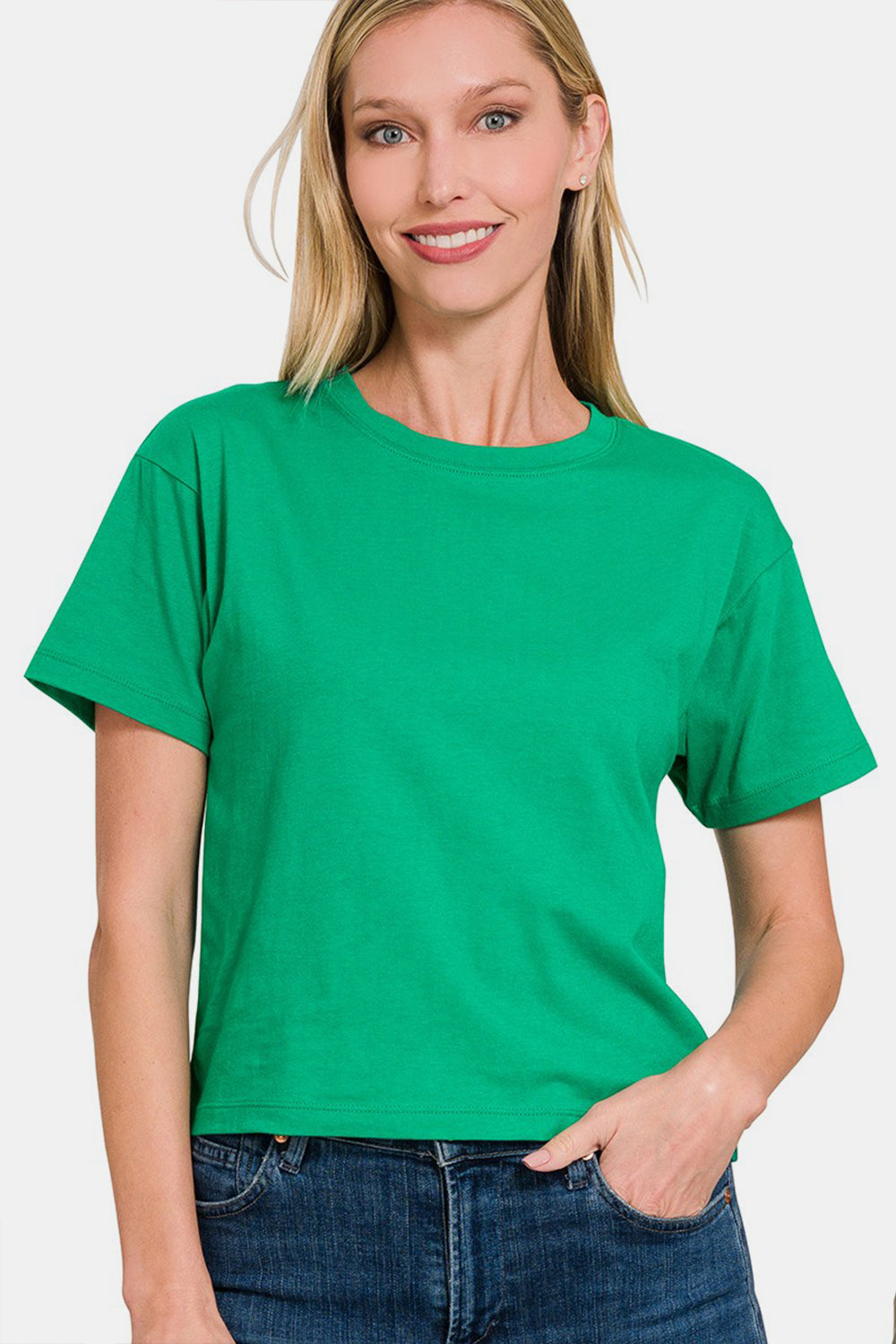 Zenana Round Neck Short Sleeve Cropped T-Shirt Green Apparel/Tops Ship from USA TikTok Tops Trendsi USPS Walmart Walmart Apparel Zenana Trendsi https://www.cyberehub.com