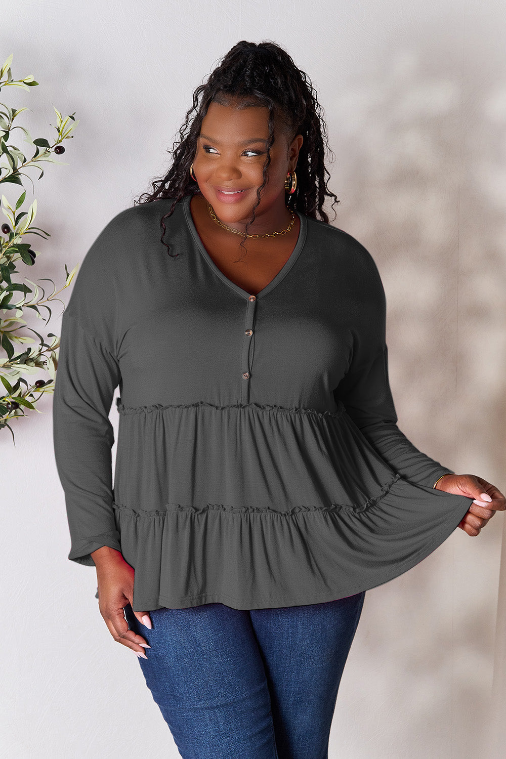 Double Take Half Button Long Sleeve Ruffle Hem Blouse Apparel/Tops Double Take Ship from USA TikTok Tops Trendsi USPS Walmart Walmart Apparel Trendsi https://www.cyberehub.com