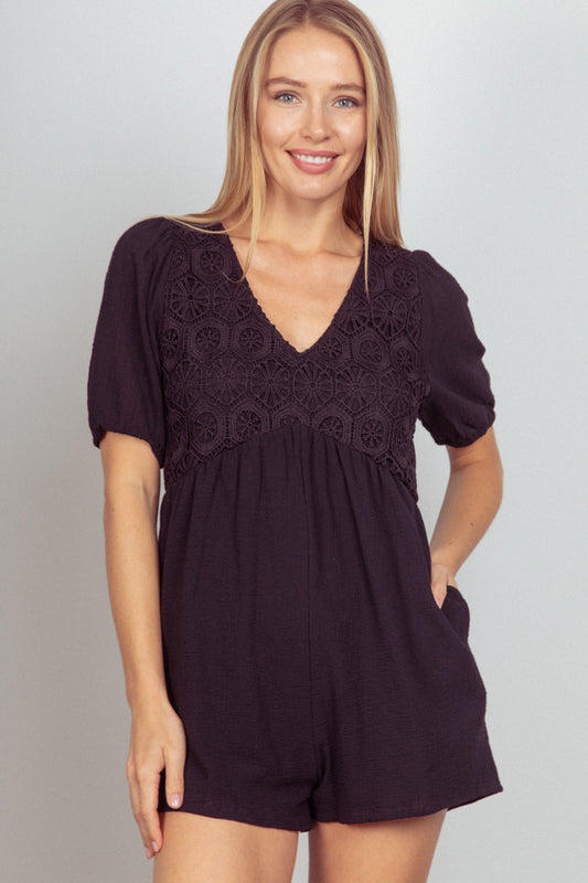 VERY J Lace Detail Puff Sleeve Romper with Pockets Black Apparel/Tops Ship from USA TikTok Tops Trendsi USPS VERY J Walmart Walmart Apparel Trendsi https://www.cyberehub.com