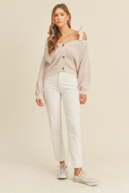 MABLE Off Shoulder Self Tie Strap Button Down Sweater Shirt Apparel Clothing Tops MABLE Ship from USA Shirts USA Women Trendsi https://www.cyberehub.com
