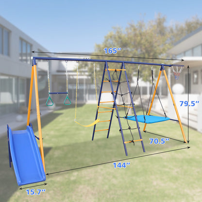 500 lbs 7 in 1 Swing Set for Kids Backyard Outdoor A-Frame Heavy-Duty Metal Swing Sets with Slide, 2 Swing Seats, 1 Climbing Net & Ladder, 1 Gym Ring, 1 Basket Giga GNJ Kids Toys Giga https://www.cyberehub.com