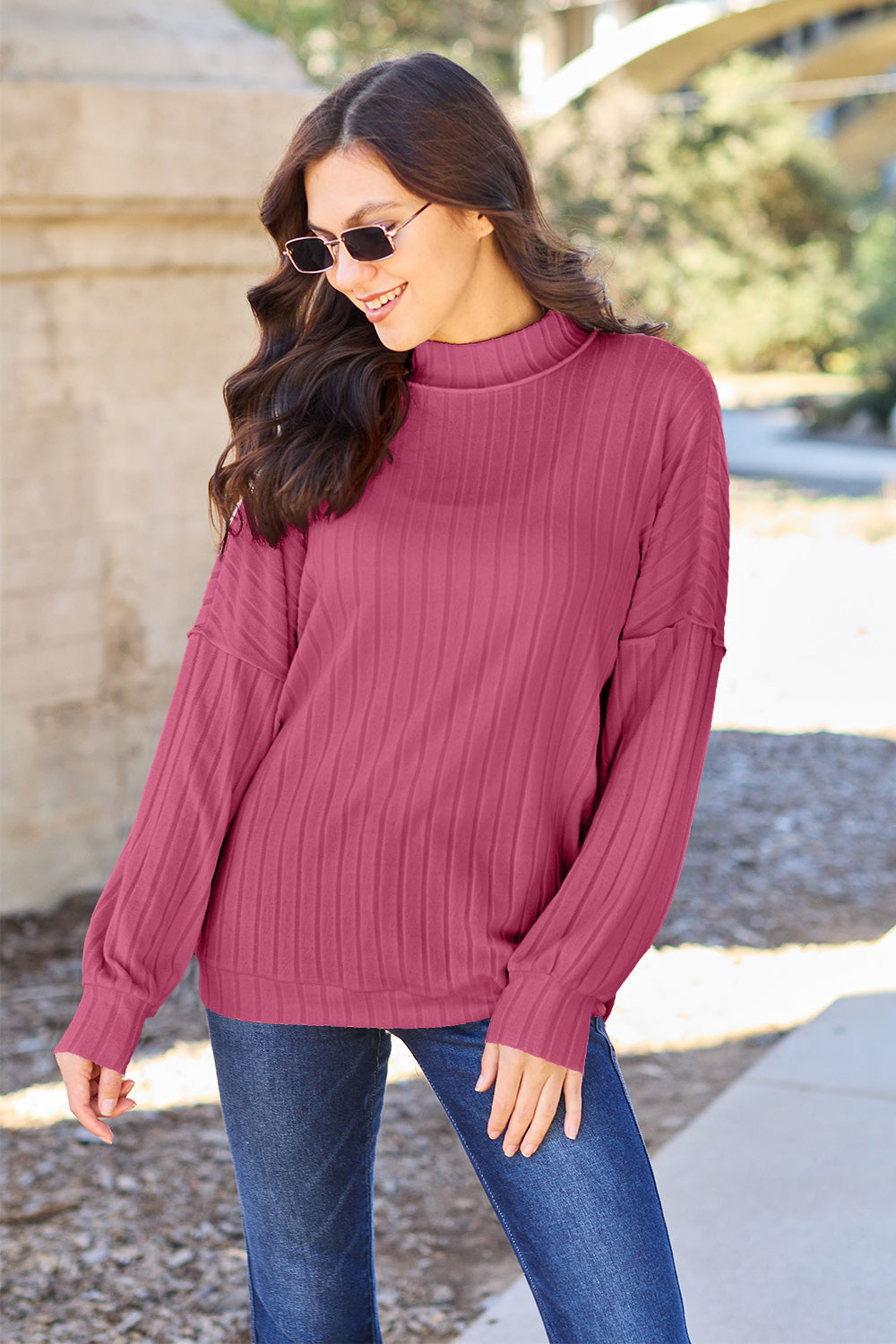 Basic Bae Full Size Ribbed Exposed Seam Mock Neck Knit Top Hot Pink Tops/Jackets/Sweaters Basic Bae Clothing Tops Ship from USA TikTok Trendsi USPS Walmart Trendsi https://www.cyberehub.com