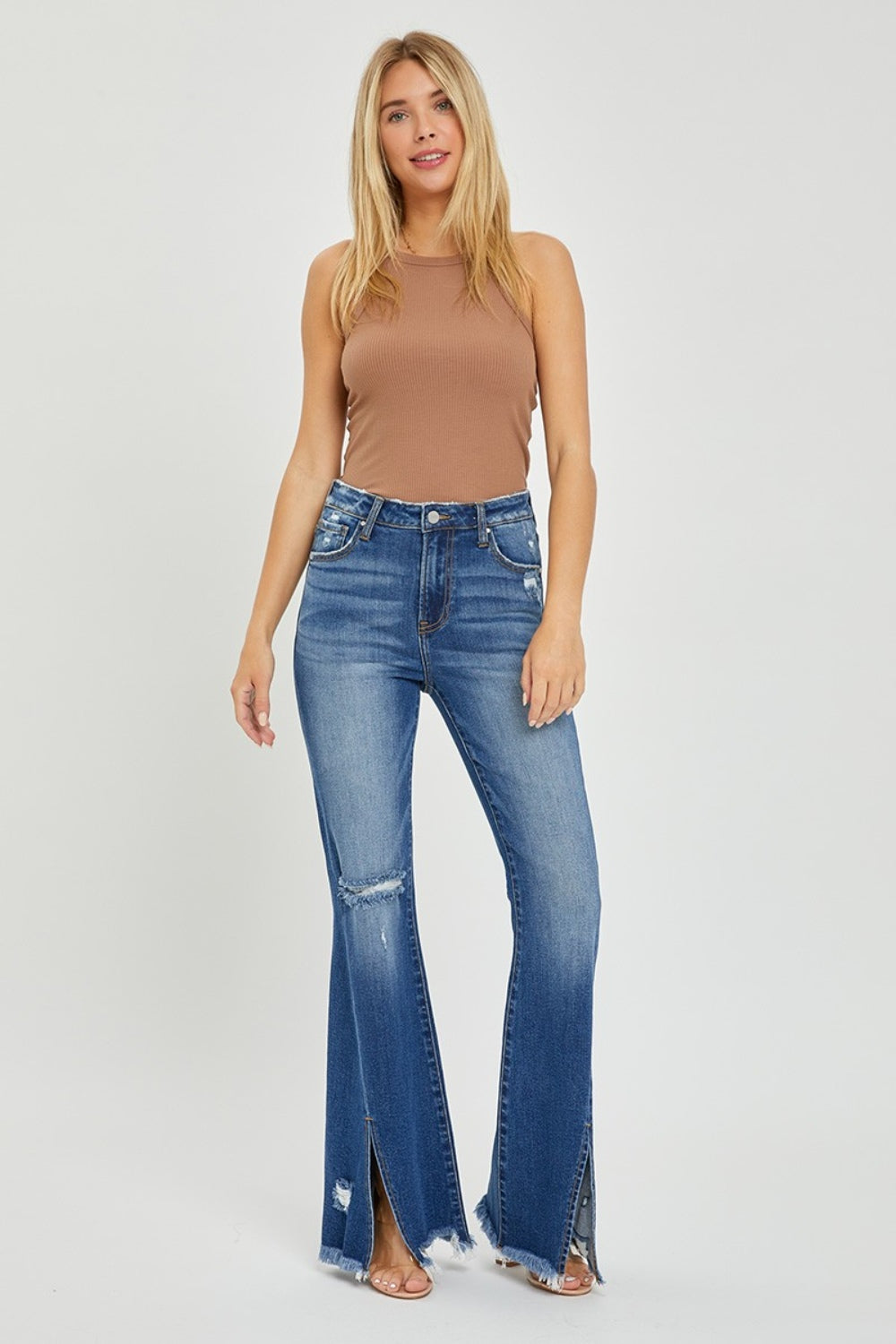 RISEN Full Size High Rise Front Slit Frayed Hem Flare Jeans Bottoms Bottoms Clothing RISEN Ship from USA Women Trendsi https://www.cyberehub.com