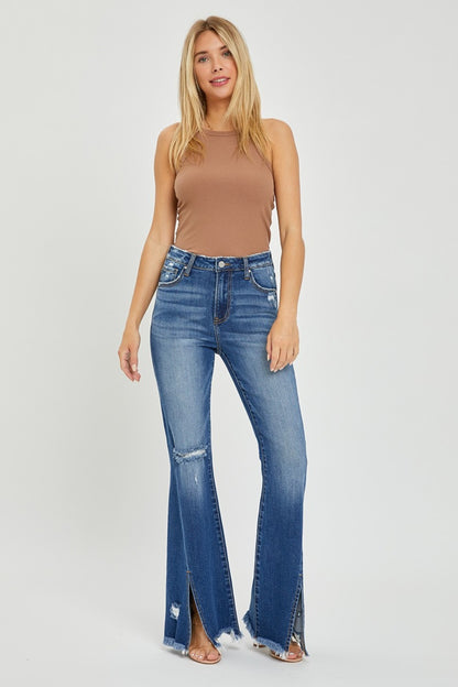 RISEN Full Size High Rise Front Slit Frayed Hem Flare Jeans Bottoms Bottoms Clothing RISEN Ship from USA Women Trendsi https://www.cyberehub.com