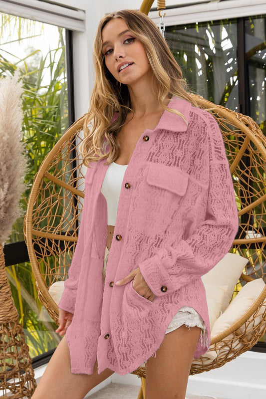 BiBi Oversized Lace Shacket with Front Pockets Vintage Rose Tops/Jackets/Sweaters BiBi Clothing Tops Ship from USA TikTok Trendsi USPS Walmart Trendsi https://www.cyberehub.com