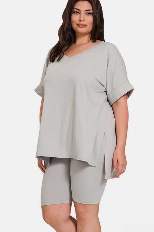 Zenana Full Size V-Neck Short Sleeve Slit T-Shirt and Shorts Set Tops/Jackets/Sweaters Clothing Tops Ship from USA TikTok Trendsi USPS Walmart Zenana Trendsi https://www.cyberehub.com
