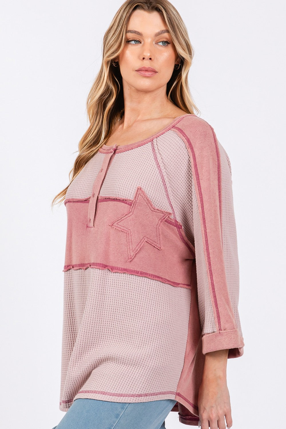 SAGE + FIG Star Applique Patch Exposed Seam Waffle Knit Top Shirt Apparel Clothing Tops SAGE+FIG Ship from USA Shirts USA Women Trendsi https://www.cyberehub.com