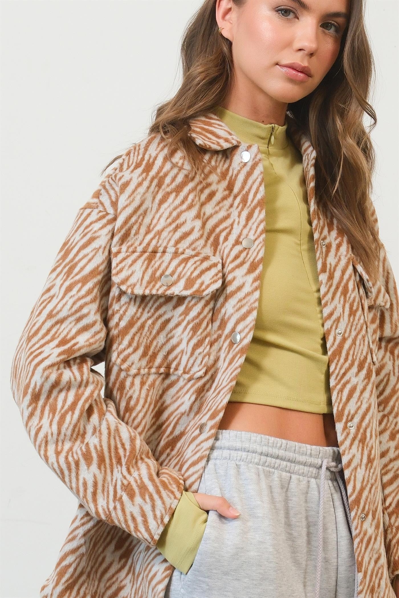 HYFVE Zebra Print Snap Down Long Sleeve Shacket Tops/Jackets/Sweaters Clothing Tops HYFVE Ship from USA TikTok Trendsi USPS Walmart Trendsi https://www.cyberehub.com