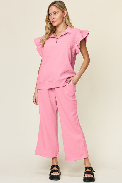 Double Take Texture Ruffle Short Sleeve Top and Drawstring Wide Leg Pants Set Pink Apparel/Tops Double Take Ship from USA TikTok Tops Trendsi USPS Walmart Walmart Apparel Trendsi https://www.cyberehub.com