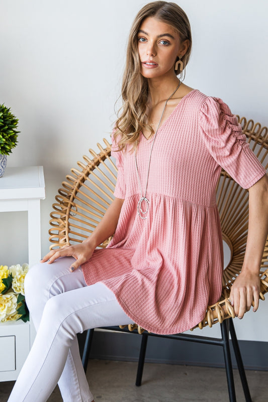 Heimish Full Size Waffle Knit V-Neck Babydoll Top Apparel/Tops Heimish Ship from USA TikTok Tops Trendsi USPS Walmart Walmart Apparel Trendsi https://www.cyberehub.com