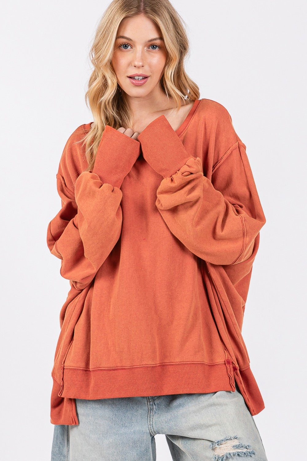 SAGE + FIG Mineral Wash Side Slit Oversized Sweatshirt Tops/Jackets/Sweaters Clothing Tops SAGE+FIG Ship from USA TikTok Trendsi USPS Walmart Trendsi https://www.cyberehub.com