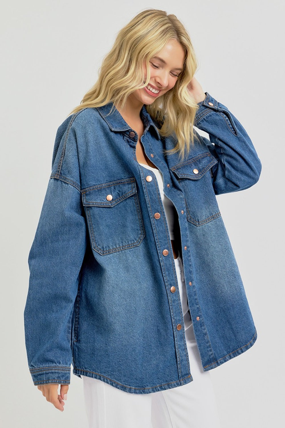 RISEN Full Size Snap Down Long Sleeve Denim Shacket Tops/Jackets/Sweaters Clothing Tops RISEN Ship from USA TikTok Trendsi USPS Walmart Trendsi https://www.cyberehub.com