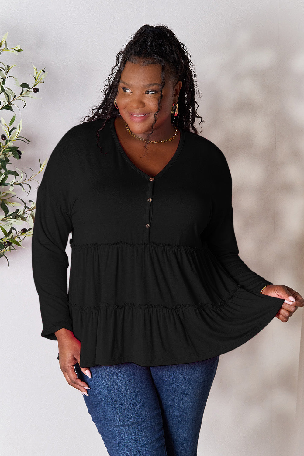 Double Take Half Button Long Sleeve Ruffle Hem Blouse Black Apparel/Tops Double Take Ship from USA TikTok Tops Trendsi USPS Walmart Walmart Apparel Trendsi https://www.cyberehub.com