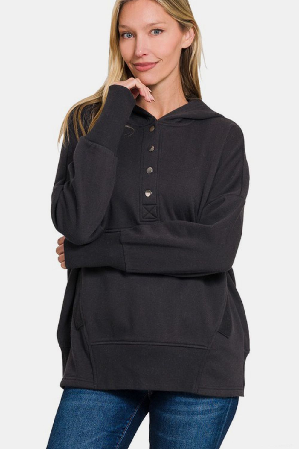Zenana Half Snap Long Sleeve Hoodie with Kangaroo Pocket Apparel/Tops Ship from USA TikTok Tops Trendsi USPS Walmart Walmart Apparel Zenana Trendsi https://www.cyberehub.com