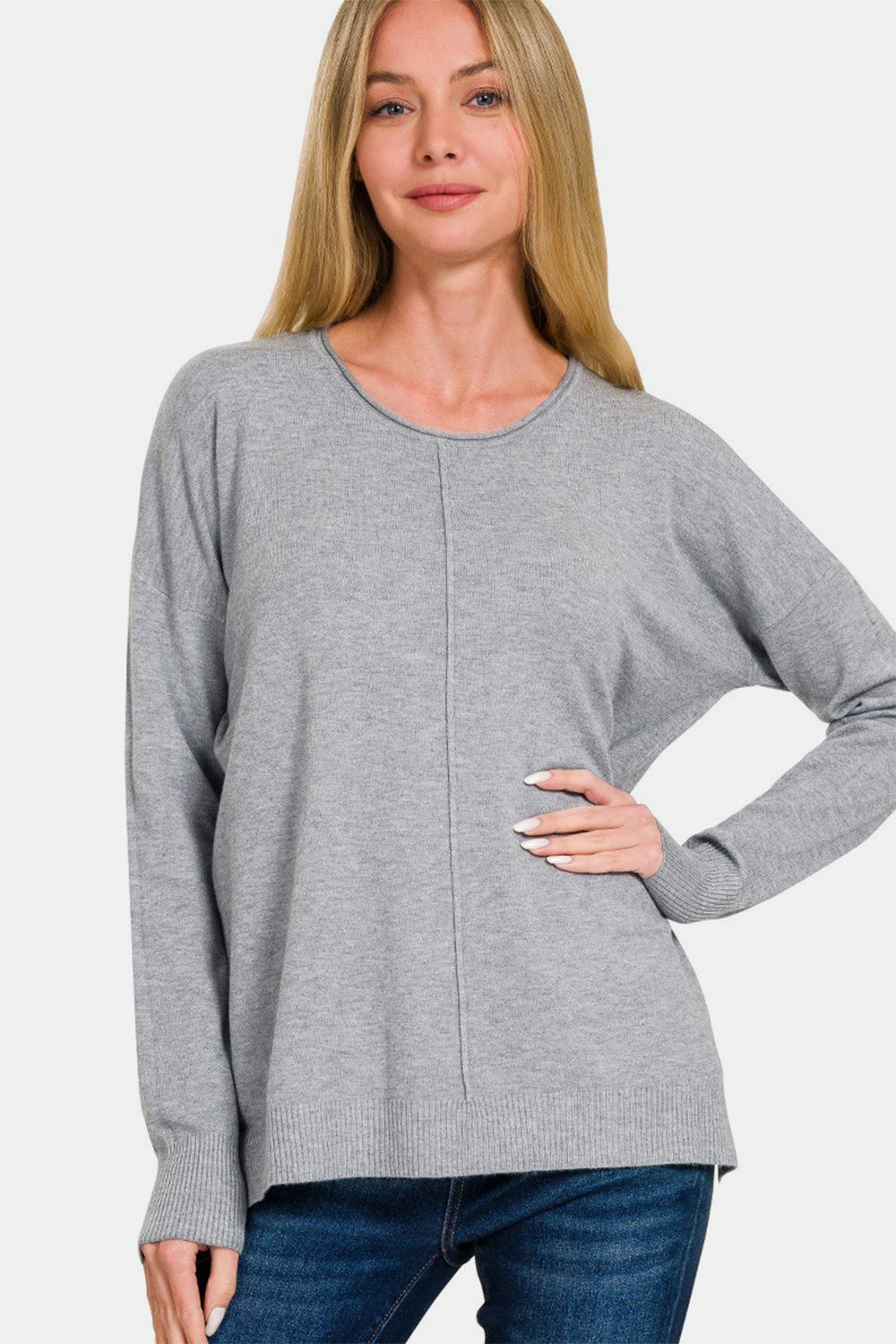 Zenana Front Seam Round Neck Sweater Gray Tops/Jackets/Sweaters Clothing Tops Ship from USA TikTok Trendsi USPS Walmart Zenana Trendsi https://www.cyberehub.com