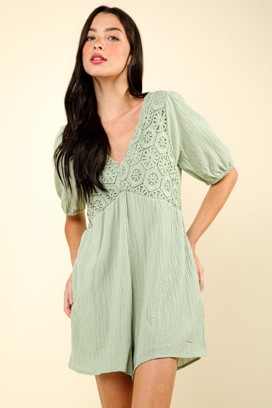 VERY J Lace Detail Puff Sleeve Romper with Pockets Sage Tops/Jackets/Sweaters Clothing Tops Ship from USA TikTok Trendsi USPS VERY J Walmart Trendsi https://www.cyberehub.com