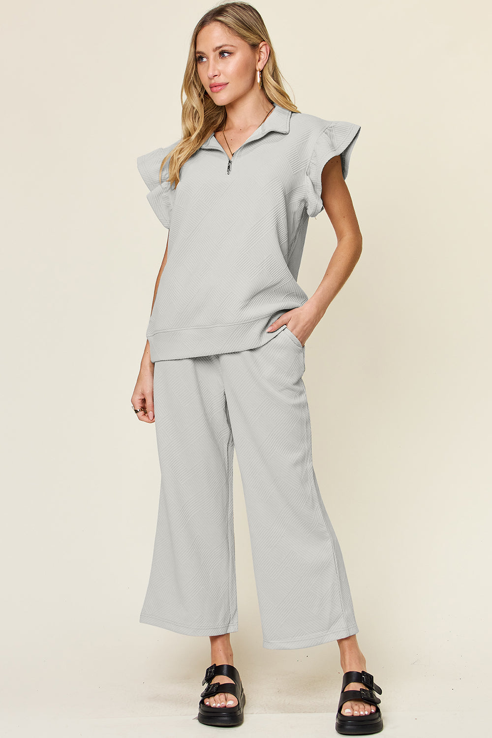 Double Take Texture Ruffle Short Sleeve Top and Drawstring Wide Leg Pants Set Light Gray Apparel/Tops Double Take Ship from USA TikTok Tops Trendsi USPS Walmart Walmart Apparel Trendsi https://www.cyberehub.com