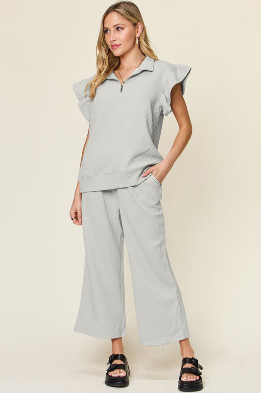 Double Take Texture Ruffle Short Sleeve Top and Drawstring Wide Leg Pants Set Light Gray Apparel/Tops Double Take Ship from USA TikTok Tops Trendsi USPS Walmart Walmart Apparel Trendsi https://www.cyberehub.com