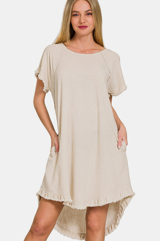 Zenana Fringe Edge High Low Flowy Dress with Pockets Beige Apparel/Dress Dress Ship from USA TikTok Trendsi USPS Walmart Walmart Apparel Zenana Trendsi https://www.cyberehub.com
