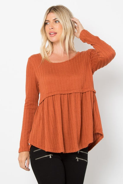 Be Stage Full Size Texture Babydoll Round Neck Long Sleeve Knit Top Rust Tops/Jackets/Sweaters BE Stage Clothing Tops Ship from USA TikTok Trendsi USPS Walmart Trendsi https://www.cyberehub.com