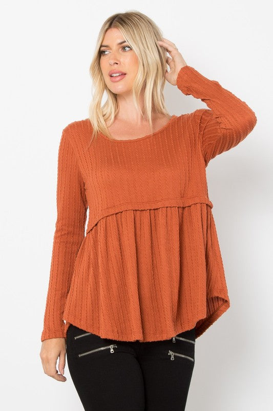 Be Stage Full Size Texture Babydoll Round Neck Long Sleeve Knit Top Rust Tops/Jackets/Sweaters BE Stage Clothing Tops Ship from USA TikTok Trendsi USPS Walmart Trendsi https://www.cyberehub.com