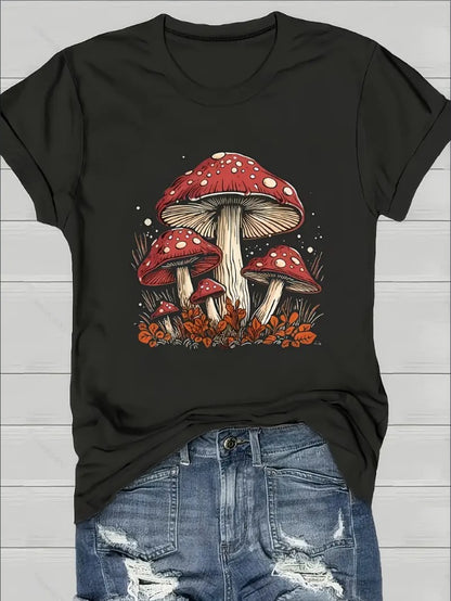 Short Sleeve Mushroom Print Crew Neck T-Shirt For Spring & Summer, Women's Casual Clothing Black Apparel/Shirt/Graphic Shirt SNULLO https://www.cyberehub.com