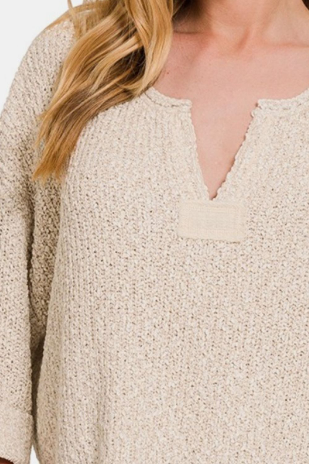 Zenana Notched Side Slit Patch Sweater Shirt Apparel Clothing Tops price-change-job-active Ship from USA Shirts USA Women Zenana Trendsi https://www.cyberehub.com