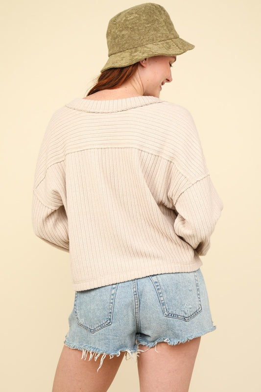 VERY J Exposed Seam V-Neck Ribbed Knit Top Shirt Apparel Clothing Tops price-change-job-active Ship from USA Shirts USA VERY J Women Trendsi https://www.cyberehub.com