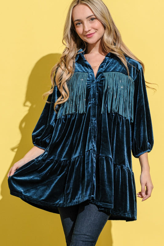 And The Why Fringe Detailed Velvet Shirt Dress Teal Apparel/Dress And The Why Dress Ship from USA TikTok Trendsi USPS Walmart Walmart Apparel Trendsi https://www.cyberehub.com