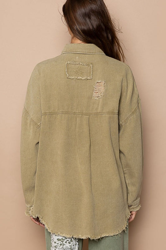 POL Button Down Raw Hem Distressed Shacket Shirt Apparel Clothing Tops POL Ship from USA Shirts USA Women Trendsi https://www.cyberehub.com