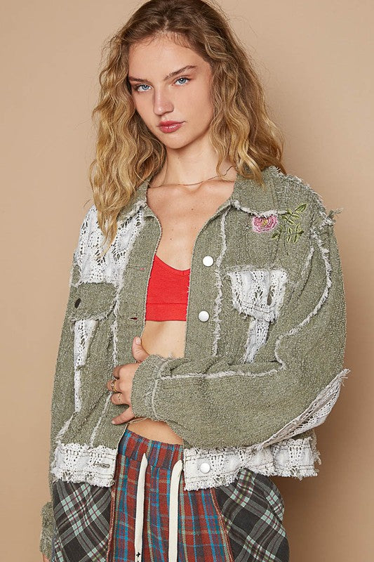 POL Crochet Patch Embroidered Button Up Jacket Olive Multicolor Apparel Apparel POL Ship from USA TikTok Trendsi Trendsi https://www.cyberehub.com