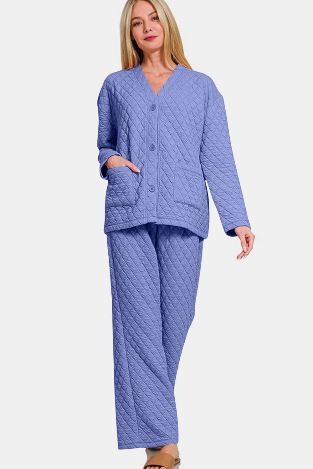 Zenana Quilted Button Up Long Sleeve Top and Pants Lounge Set Apparel Apparel Ship from USA TikTok Trendsi Zenana Trendsi https://www.cyberehub.com