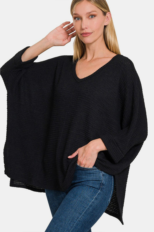 Zenana Full Size Waffle Knit V-Neck Long Sleeve Slit Top Black Tops/Jackets/Sweaters Clothing Tops Ship from USA TikTok Trendsi USPS Walmart Zenana Trendsi https://www.cyberehub.com