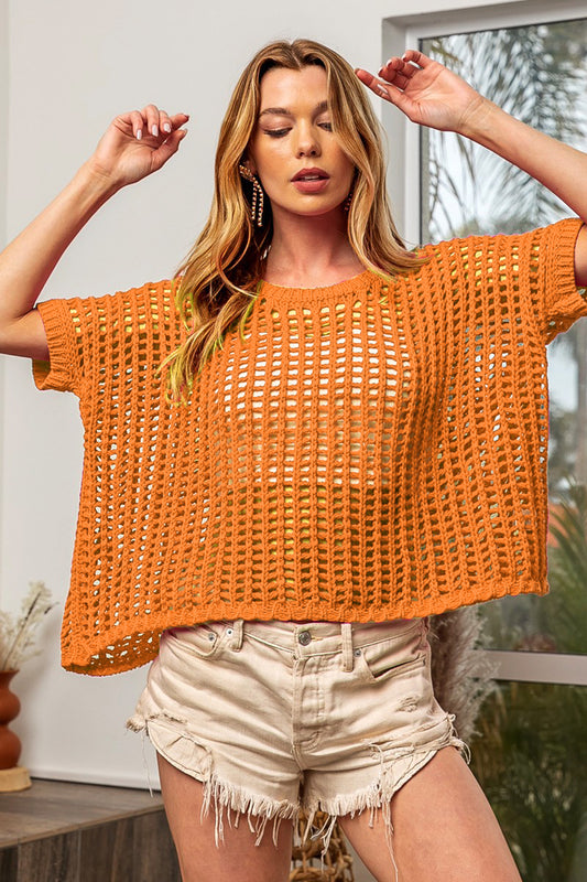 BiBi Hollowed Out Short Sleeve Knit Cover Up Orange Shirt Apparel BiBi Clothing Tops Ship from USA Shirts USA Women Trendsi https://www.cyberehub.com
