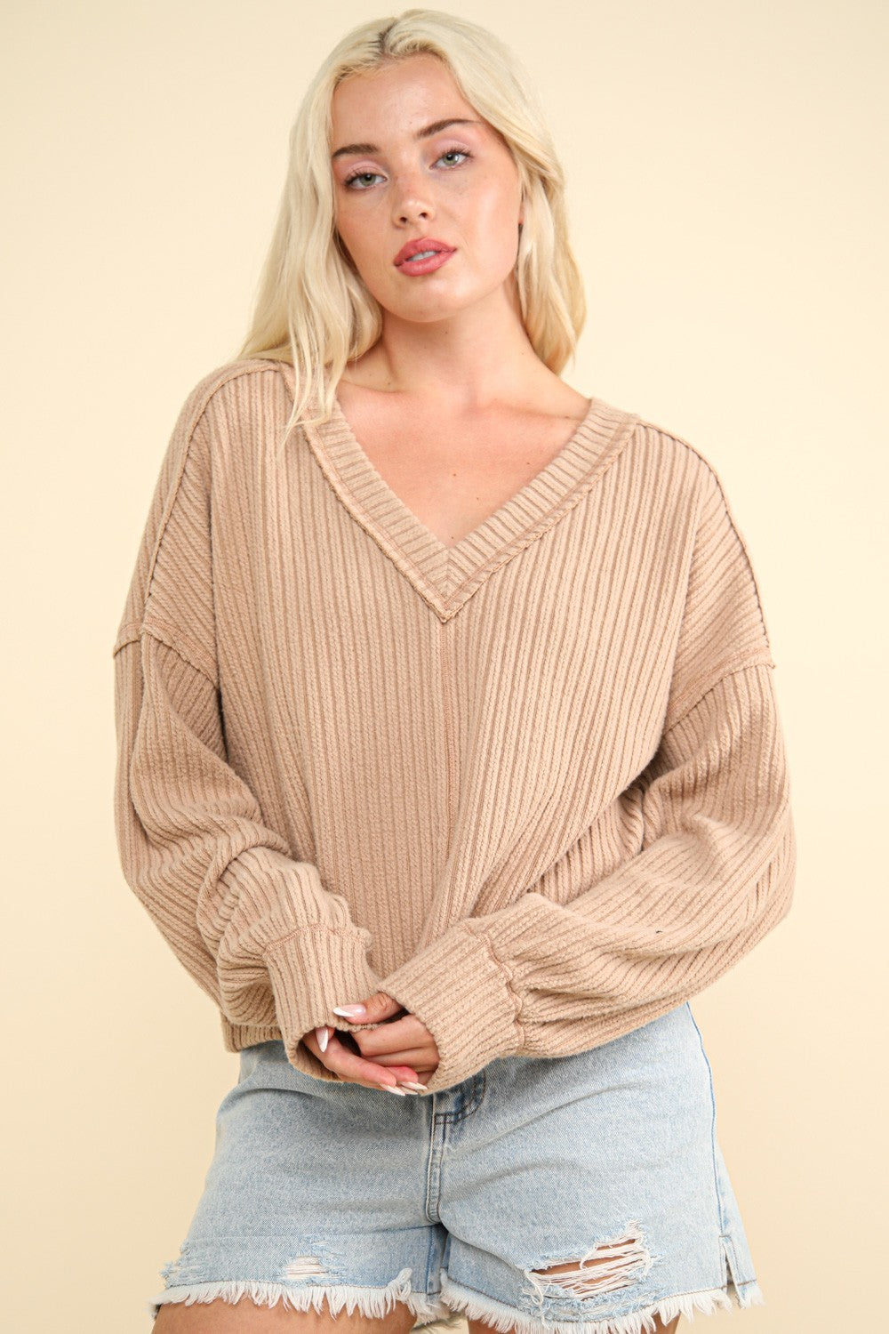 VERY J Exposed Seam V-Neck Ribbed Knit Top Mocha Shirt Apparel Clothing Tops Ship from USA Shirts USA VERY J Women Trendsi https://www.cyberehub.com