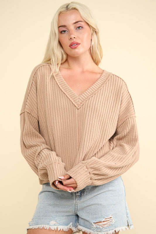 VERY J Exposed Seam V-Neck Ribbed Knit Top Mocha Shirt Apparel Clothing Tops Ship from USA Shirts USA VERY J Women Trendsi https://www.cyberehub.com