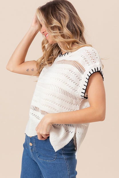 BiBi Stitch Edge Pointelle Side Slit Sweater Vest Shirt Apparel BiBi Clothing Tops Ship from USA Shirts USA Women Trendsi https://www.cyberehub.com