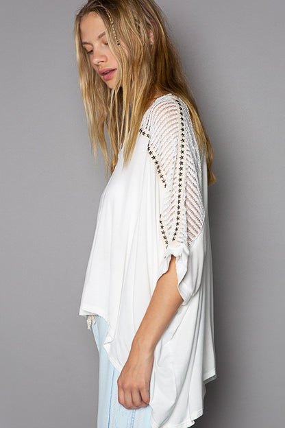 POL Oversize V-Neck Crochet Lace Contrast Studded Top Apparel/Tops POL Ship from USA TikTok Tops Trendsi USPS Walmart Walmart Apparel Trendsi https://www.cyberehub.com