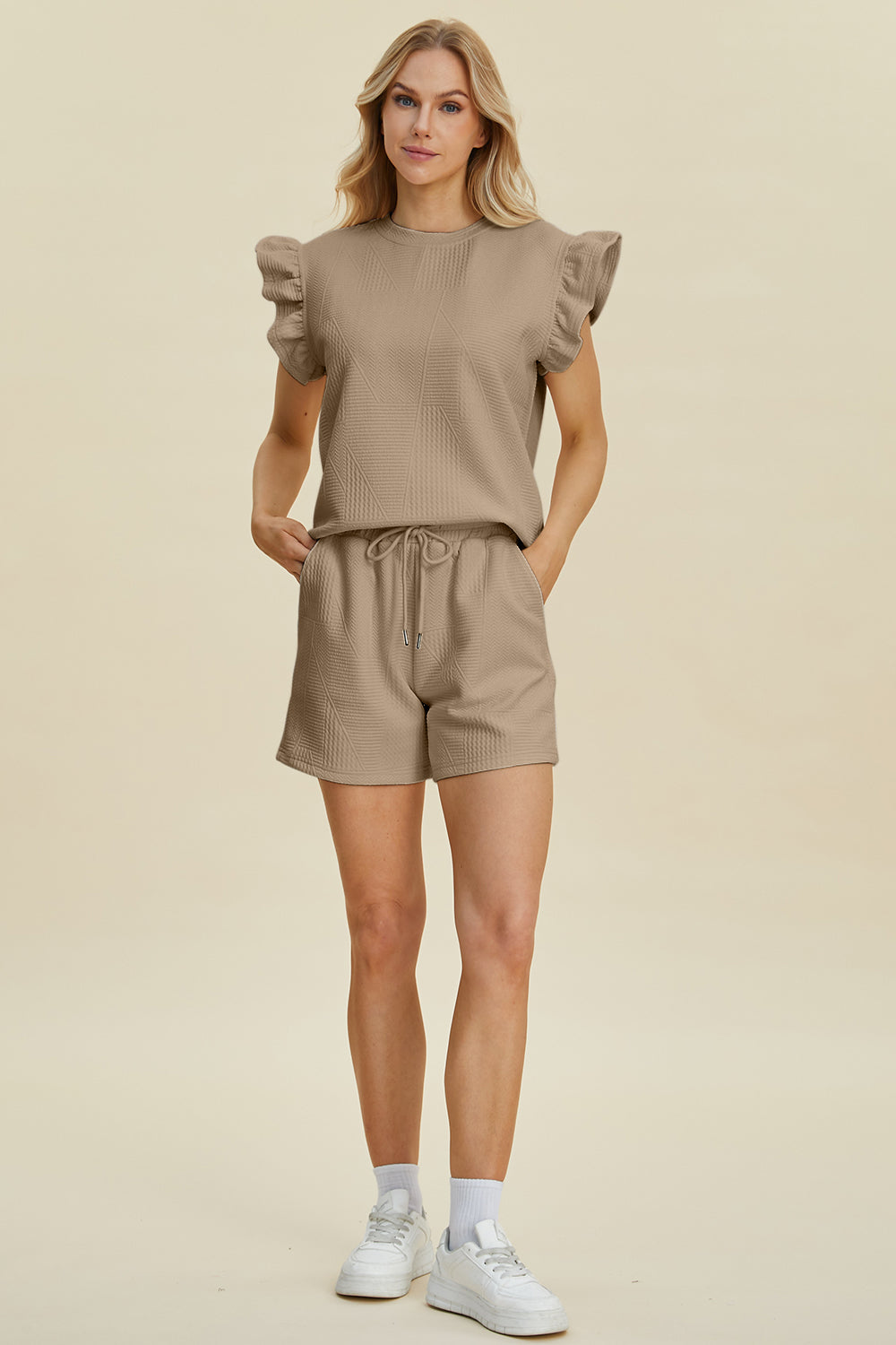 Double Take Full Size Texture Round Neck Ruffle Sleeve Top and Shorts Set Tops/Jackets/Sweaters Clothing Tops Double Take Ship from USA TikTok Trendsi USPS Walmart Trendsi https://www.cyberehub.com