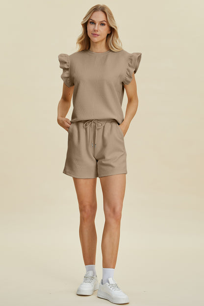 Double Take Full Size Texture Round Neck Ruffle Sleeve Top and Shorts Set Tops/Jackets/Sweaters Clothing Tops Double Take Ship from USA TikTok Trendsi USPS Walmart Trendsi https://www.cyberehub.com