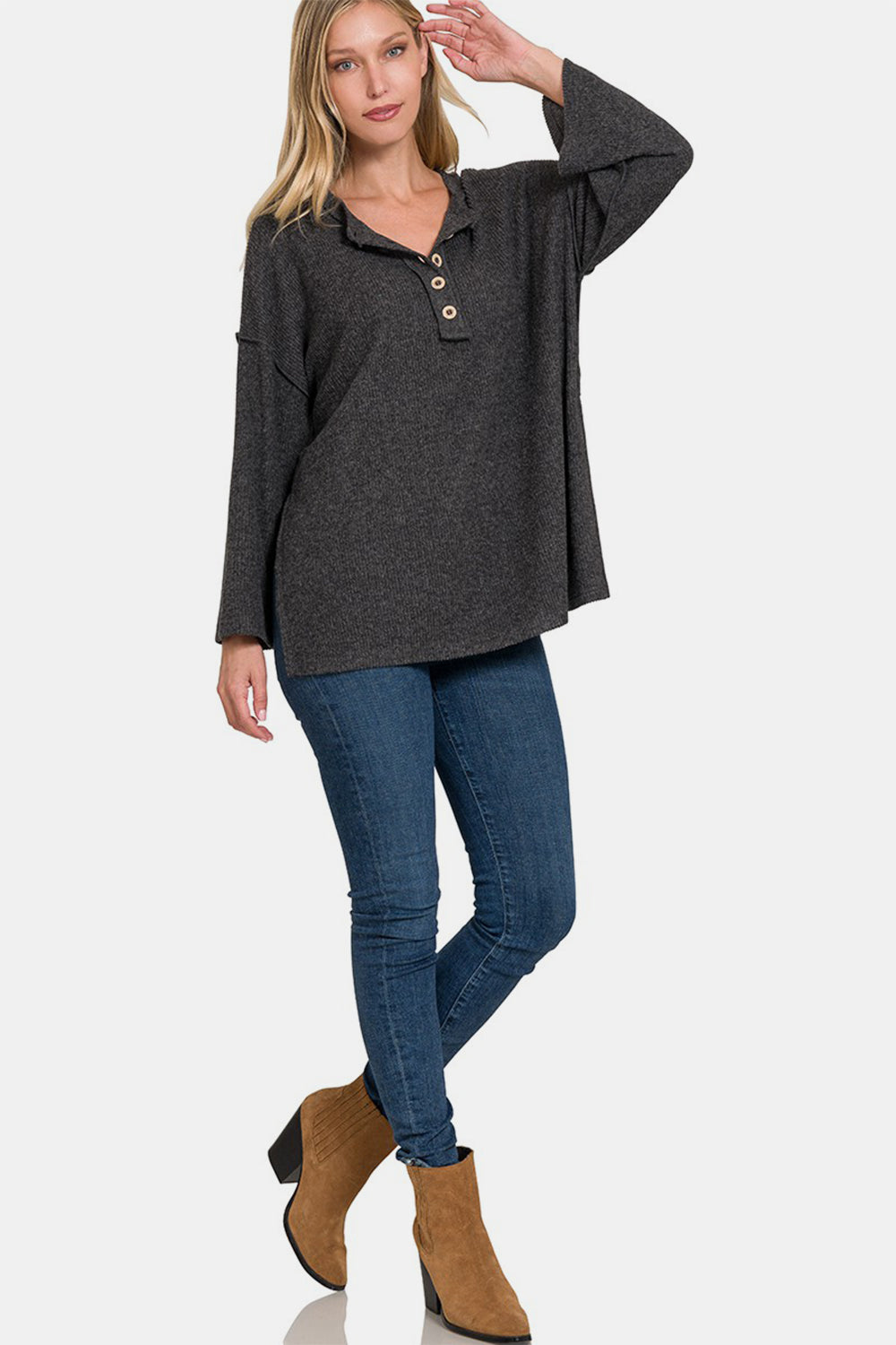 Zenana Full Size Ribbed Half Button Slit Knit Top Tops/Jackets/Sweaters Clothing Tops Ship from USA TikTok Trendsi USPS Walmart Zenana Trendsi https://www.cyberehub.com