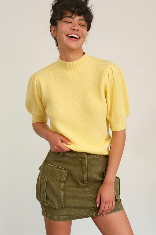 HYFVE Mock Neck Puff Sleeve Sweater Creamy Yellow Shirt Apparel Clothing Tops HYFVE Ship from USA Shirts USA Women Trendsi https://www.cyberehub.com