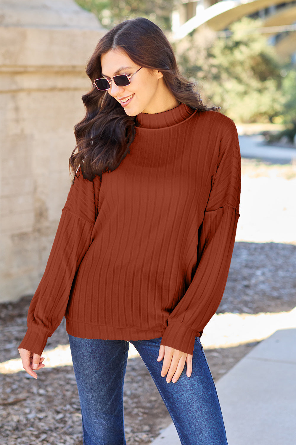 Basic Bae Full Size Ribbed Exposed Seam Mock Neck Knit Top Tops/Jackets/Sweaters Basic Bae Clothing Tops Ship from USA TikTok Trendsi USPS Walmart Trendsi https://www.cyberehub.com
