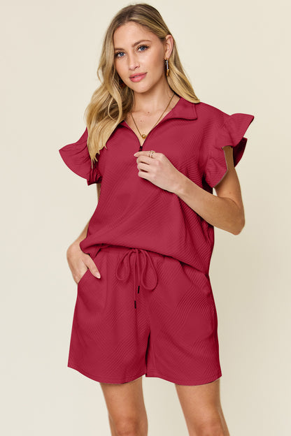 Double Take Full Size Texture Flounce Sleeve Top and Drawstring Shorts Set Deep Red Apparel/Tops Double Take Ship from USA TikTok Tops Trendsi USPS Walmart Walmart Apparel Trendsi https://www.cyberehub.com
