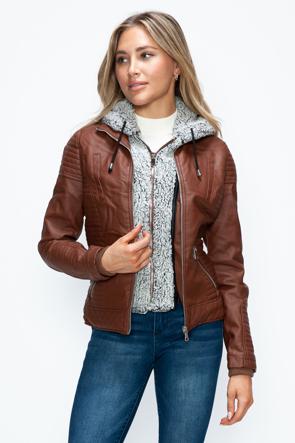YMI Faux Layered Double-Zipper Jacket with Fuzzy Hood Tops/Jackets/Sweaters Clothing Tops Ship from USA TikTok Trendsi USPS Walmart YMI outerwear Trendsi https://www.cyberehub.com
